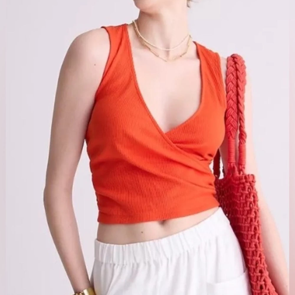 J. Crew Ruched Wrap Top in vintage rib - Fire Red - Size L - NWT